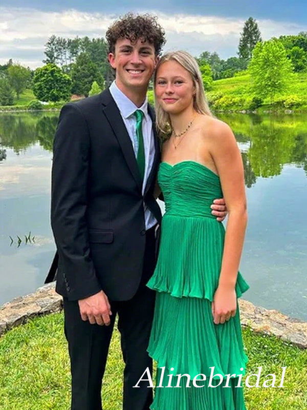 Elegant Green Chiffon Strapless A-line Prom Dress, Ruffles Tiered Evening Dress, PD3823022