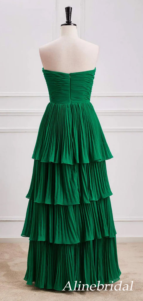 Elegant Green Chiffon Strapless A-line Prom Dress, Ruffles Tiered Evening Dress, PD3823022