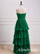 Elegant Green Chiffon Strapless A-line Prom Dress, Ruffles Tiered Evening Dress, PD3823022