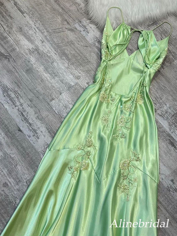 Elegant Sage Green Satin Maxi Prom Dress with Lace Appliques, PD3823041
