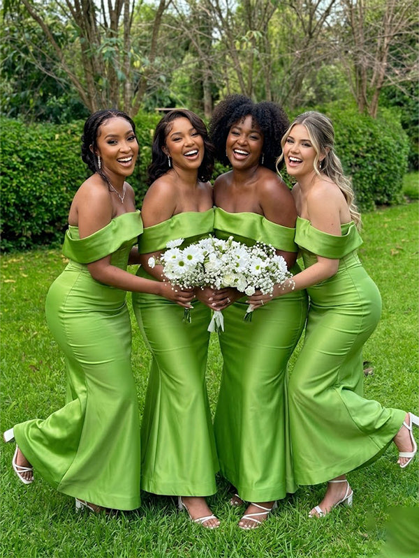 Vibrant Green Off the Shoulder Satin Mermaid Bridesmaid Dress, PD2823090
