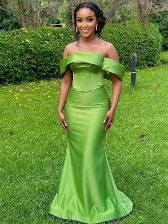 Vibrant Green Off the Shoulder Satin Mermaid Bridesmaid Dress, PD2823090