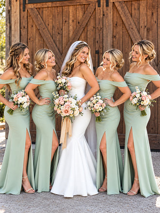 Elegant Green Off Shoulder Pleated Long Bridesmaid Dress with Slit, PD2823080