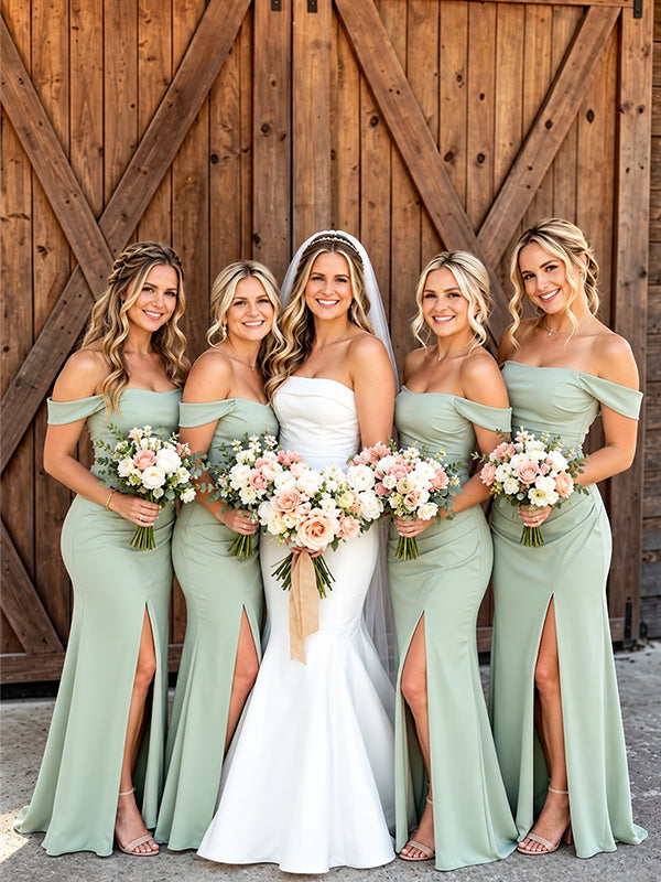 Elegant Green Off Shoulder Pleated Long Bridesmaid Dress with Slit, PD2823080