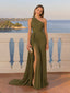 Elegant Olive Green One Shoulder Side Slit A-line Evening Party Dress, PD28231266