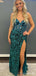 Unique Dark Green Sequins Mermaid Prom Dress with Slit, Evening Dress, PD3823048