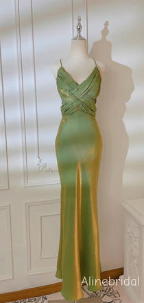 Emerald Green Satin Gown with Crisscross Ruched Bodice, Formal Dress, PD382287