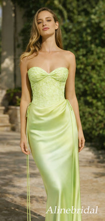 Elegant Lime Green Satin Strapless Lace Corset Mermaid Prom Dress, Evening Dress, PD3823035