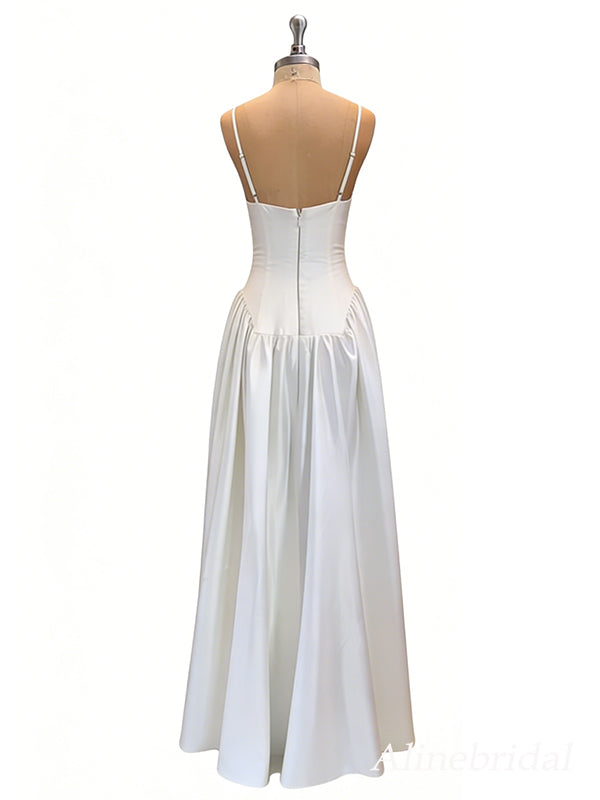 Elegant Ivory Satin V-neck A-line Wedding Dress, WD3119