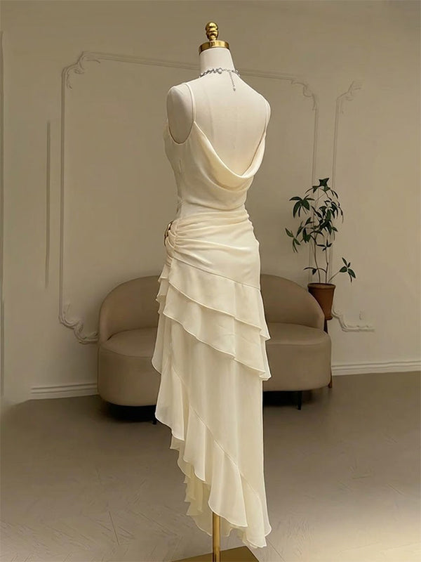 Vintage Ivory Cowl A-line Ruffled Tiered Prom Dress with Slit, Evening Dress, PD2823096