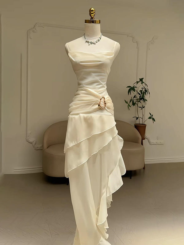Vintage Ivory Cowl A-line Ruffled Tiered Prom Dress with Slit, Evening Dress, PD2823096