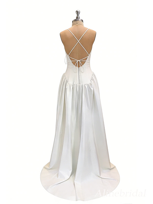 Elegant Ivory Satin V-neck A-line Wedding Dress, WD3119