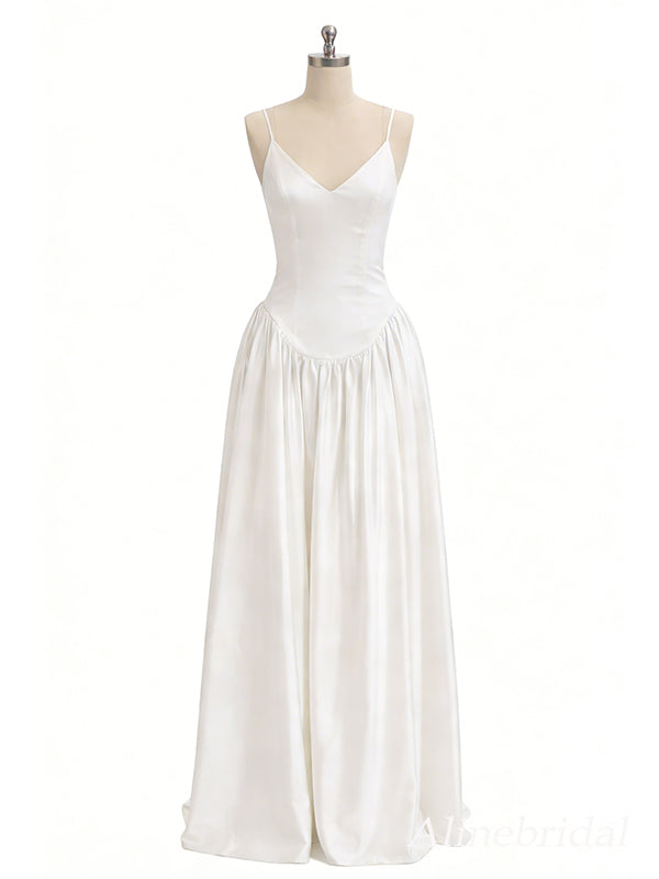 Elegant Ivory Satin V-neck A-line Wedding Dress, WD3119
