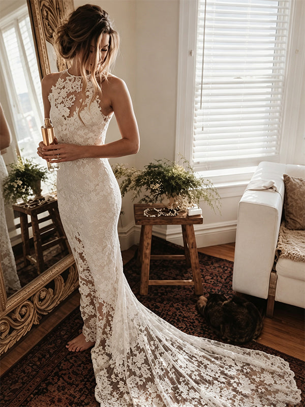Elegant Halter Lace Mermaid Wedding Dress, WD0024