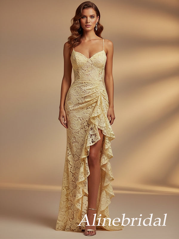 Sexy Yellow Floral Lace Ruffles Backless Prom Dress with Slit, Evening Dress, PD3823034