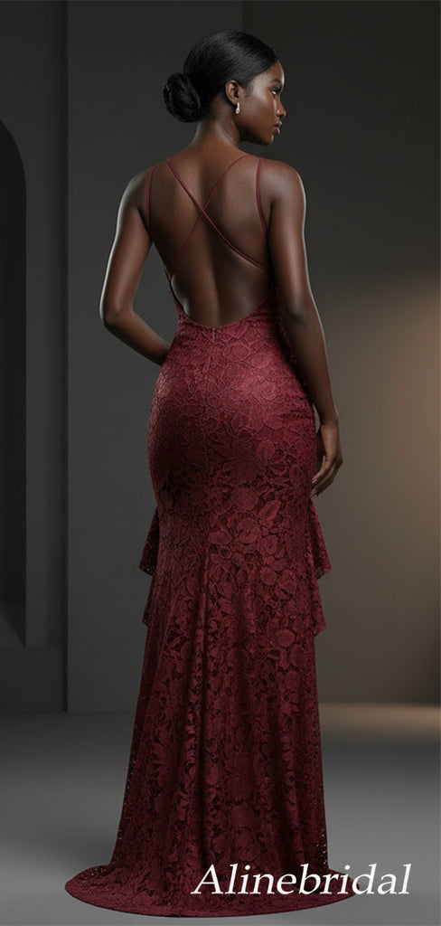 Sexy Yellow Floral Lace Ruffles Backless Prom Dress with Slit, Evening Dress, PD3823034