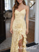 Sexy Yellow Floral Lace Ruffles Backless Prom Dress with Slit, Evening Dress, PD3823034