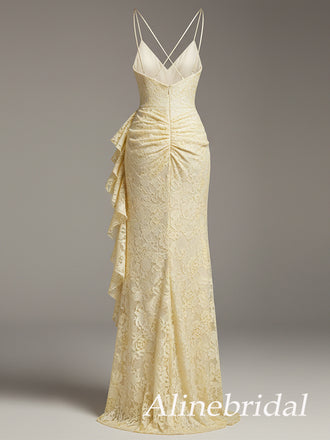 Sexy Yellow Floral Lace Ruffles Backless Prom Dress with Slit, Evening Dress, PD3823034