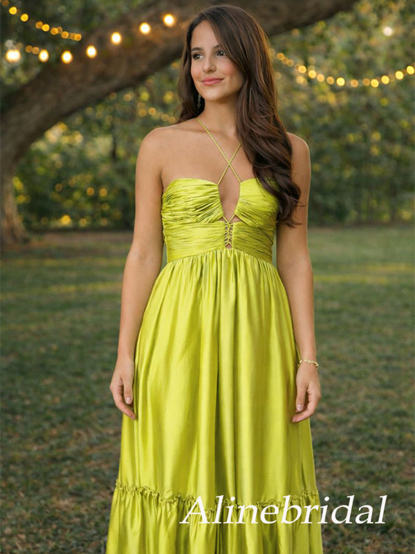 Elegant Green Halter Criss Cross A-line Maxi Prom Dress, Evening Dress, PD3823030