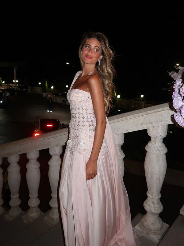 Stunning Light Pink Floral Beaded One Shoulder A-line Evening Dress, Prom Dress, PD28231220