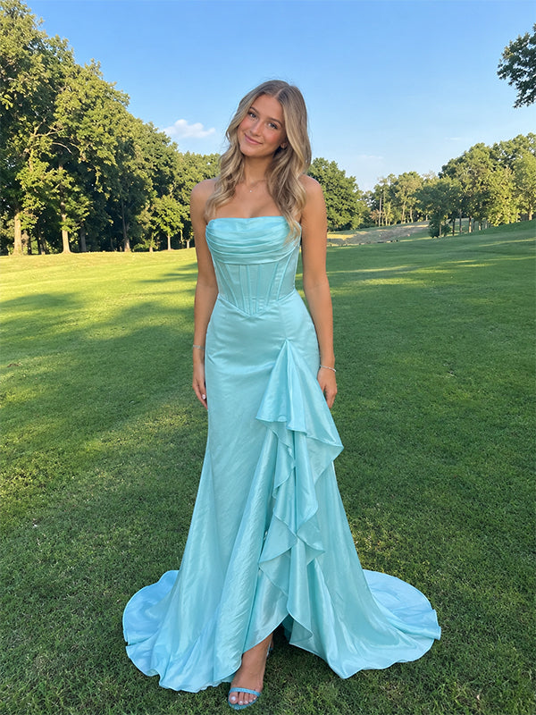 Elegant Yellow Strapless Ruffles Corset Prom Dress with Slit, Evening Dress, PD382266