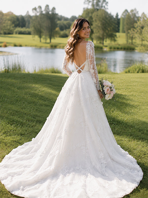 Gorgeous Floral Long Sleeves V-Neck A-line Wedding Dress, WD32232