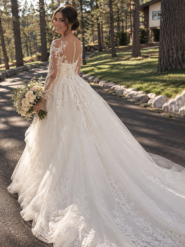 Gorgeous Floral Lace Long Sleeves A-line Wedding Dress, WD1109