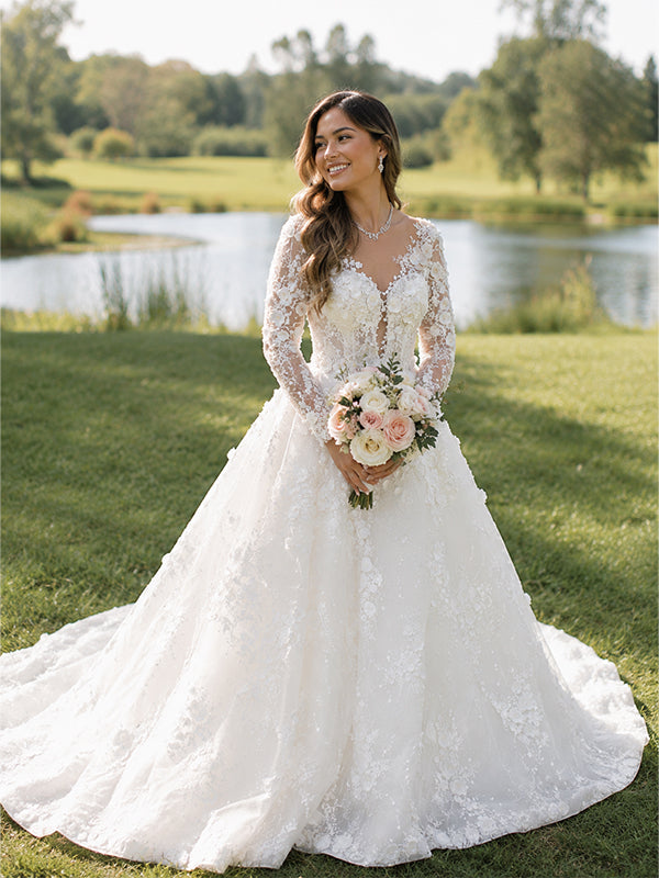 Gorgeous Floral Long Sleeves V-Neck A-line Wedding Dress, WD32232