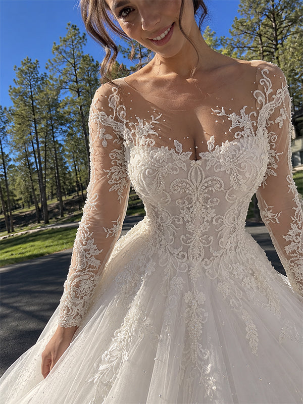 Gorgeous Floral Lace Long Sleeves A-line Wedding Dress, WD1109