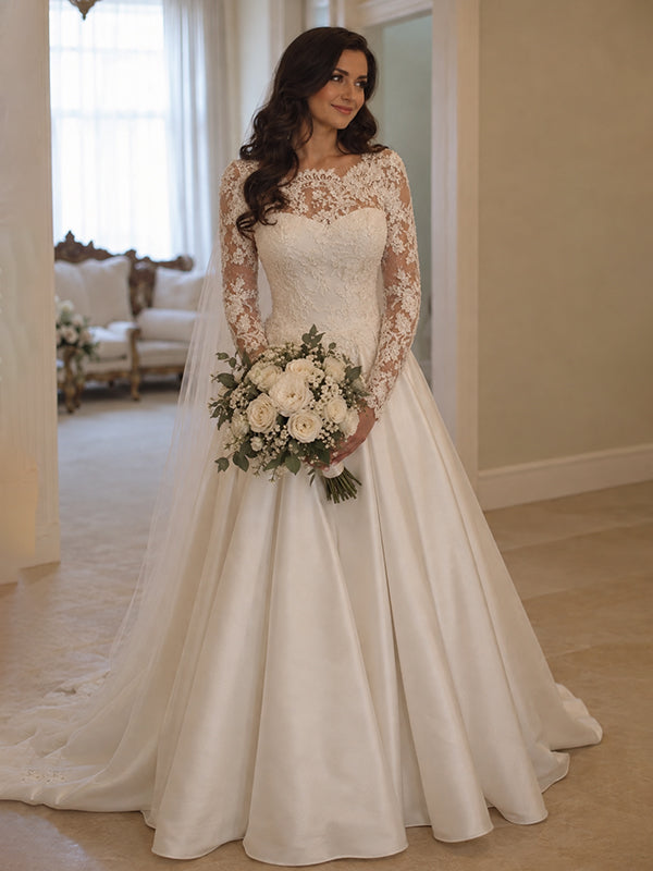 Gorgeous Ivory Lace Long Sleeves A-line Satin Wedding Dress, WD0043