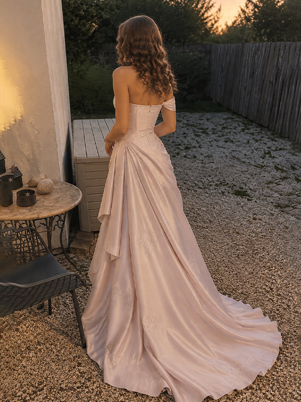 Elegant Dusty Pink Off Shoulder Corset A-line Prom Dress with Floral Embroidery, Evening Dress, PD28231270