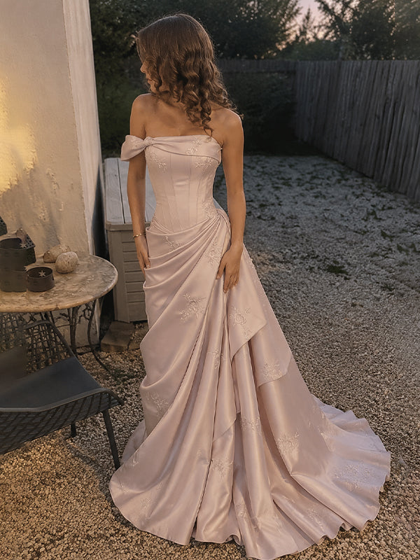 Elegant Dusty Pink Off Shoulder Corset A-line Prom Dress with Floral Embroidery, Evening Dress, PD28231270