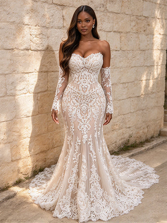 Elegant Strapless Mermaid Lace Wedding Dress with Lace Sleeves, WD32241