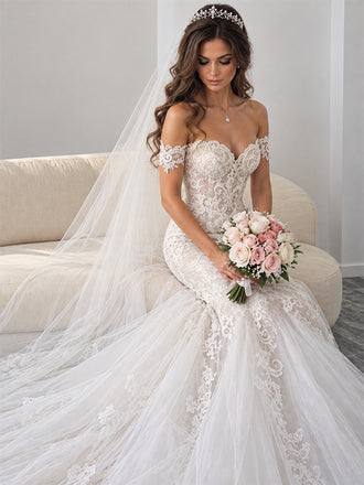 Gorgeous Off Shoulder Lace Appliques Mermaid Tulle Wedding Dress, AB0220