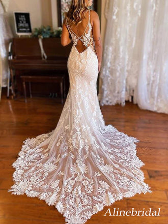 Gorgeous V-neck Lace Mermaid Wedding Dress with Train, WD3118