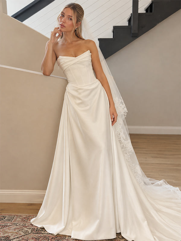 Vintage Minimalist Ivory Satin Strapless Corset Wedding Dress, WD3119