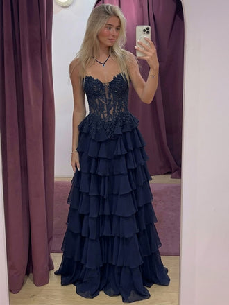 Sparkly Navy Blue Strapless Lace A-line Ruffled Tiered Ball Gown, PD2823104