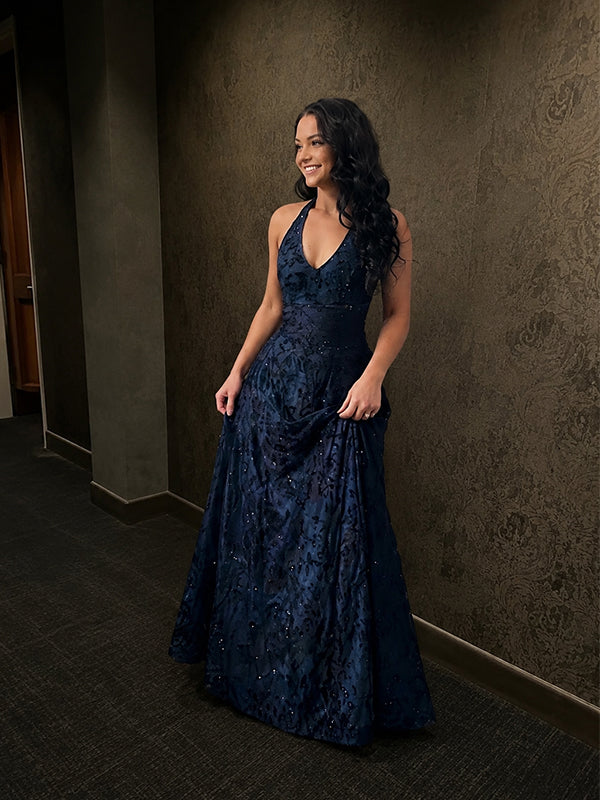 Vintage Navy Blue Lace Beaded Halter A-line Prom Dress, Evening Gown, PD2823105