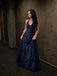 Vintage Navy Blue Lace Beaded Halter A-line Prom Dress, Evening Gown, PD2823105