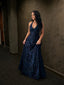 Vintage Navy Blue Lace Beaded Halter A-line Prom Dress, Evening Gown, PD2823105
