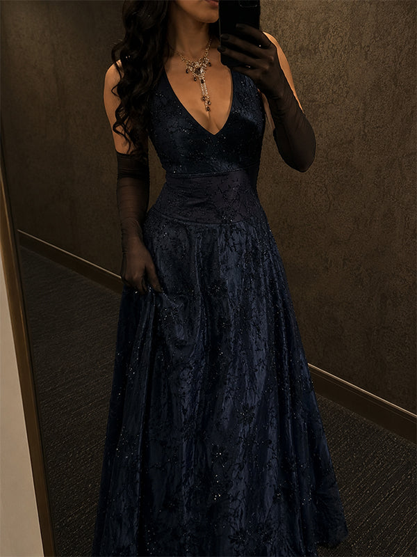 Vintage Navy Blue Lace Beaded Halter A-line Prom Dress, Evening Gown, PD2823105