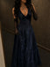 Vintage Navy Blue Lace Beaded Halter A-line Prom Dress, Evening Gown, PD2823105