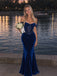 Elegant Navy Blue Velvet Lace Off Shoulder Mermaid Prom Dress, Evening Dress, PD28231245