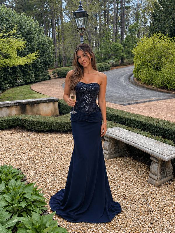 Elegant Navy Blue Sequin Strapless Mermaid Evening Dress, Prom Dress, PD28231276