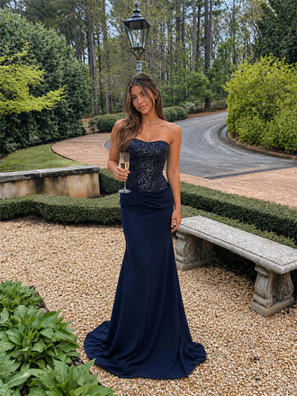 Elegant Navy Blue Sequin Strapless Mermaid Evening Dress, Prom Dress, PD28231276