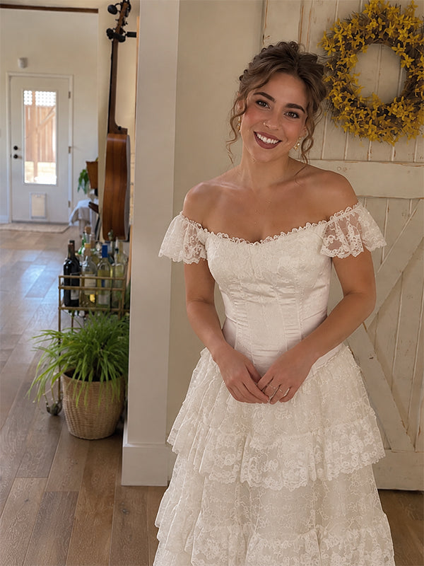 Elegant Off the Shoulder A-line Tiered Lace Wedding Dress, WD3223