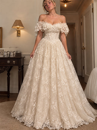 Gorgeous Off Shoulder Corset A-line Lace Wedding Dress, WD32250