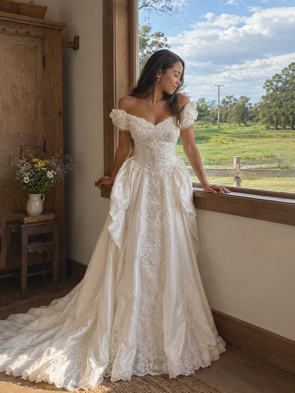 Gorgeous Ivory Beaded Off Shoulder A-line Lace Wedding Dress, WD32251