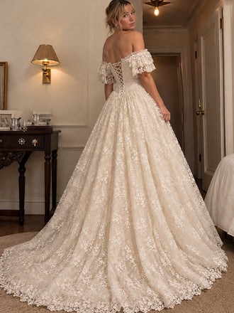 Gorgeous Off Shoulder Corset A-line Lace Wedding Dress, WD32250