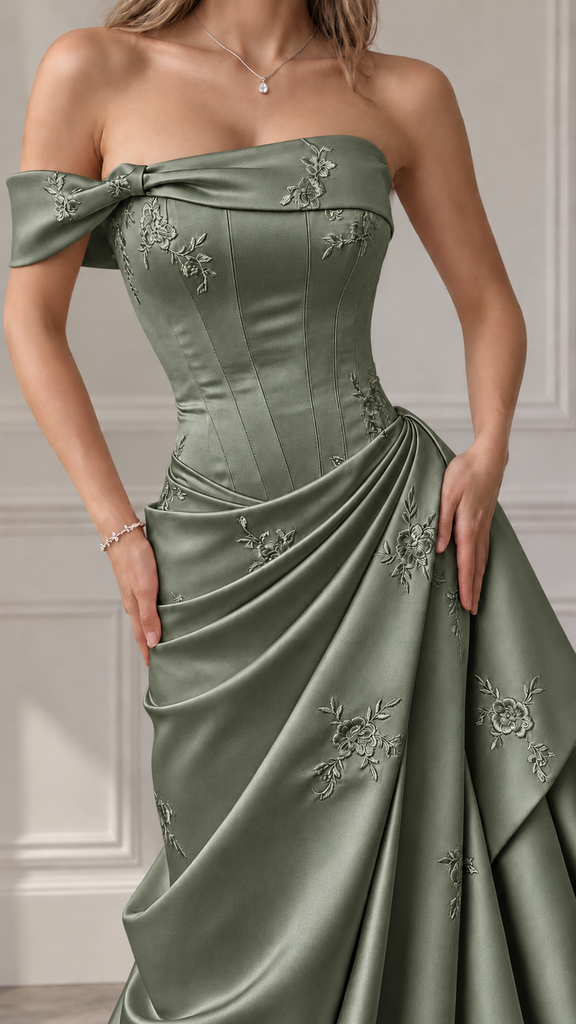 Elegant Dusty Pink Off Shoulder Corset A-line Prom Dress with Floral Embroidery, Evening Dress, PD28231270